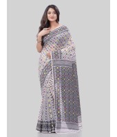 DESH BIDESH Women`S Hirokduti Resham Dhakai Jamdani Bengal Pure Cotton Handloom Saree Whole Body Design Without Blouse Piece(White Grey)